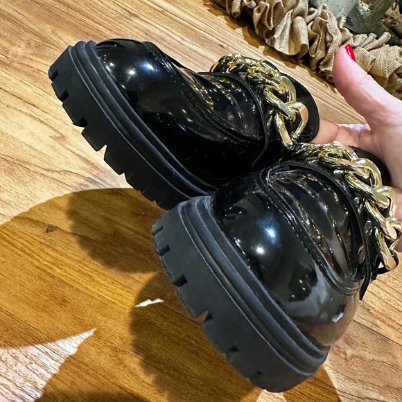 INC Brea Women’s Black Patent Leather Gold Chain Chunky Lug Sole Loafers - Picture 10 of 13